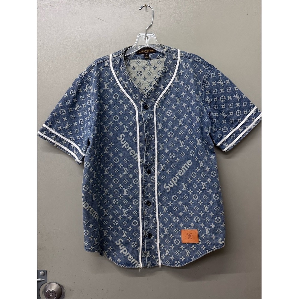 Louis Vuitton x Supreme Baseball Jersey Mens Small Blue Jacquard Denim RM171